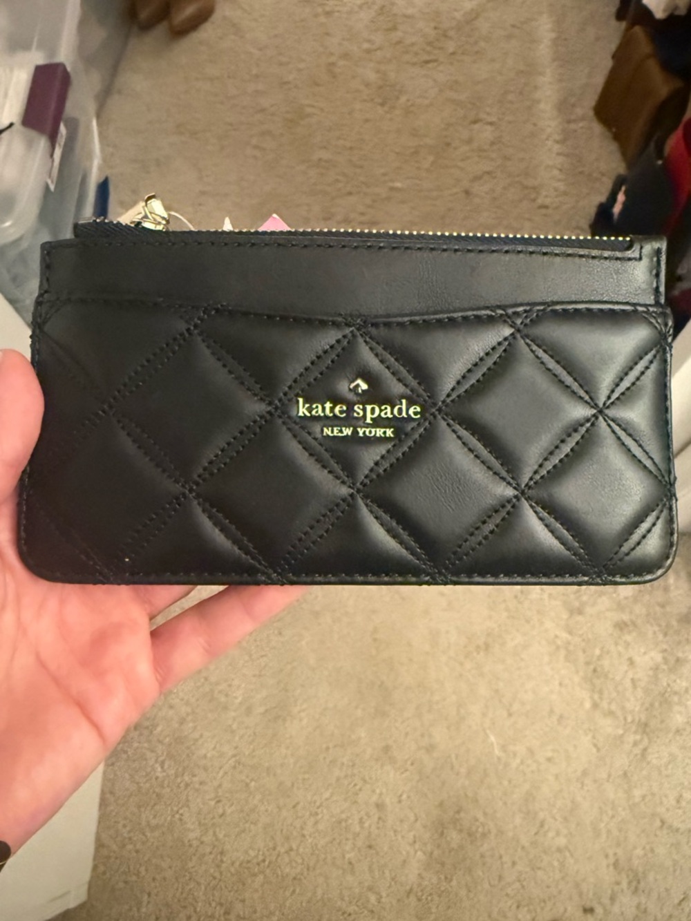 NEW kate spade Quilted Black Leather Zip Card Holder